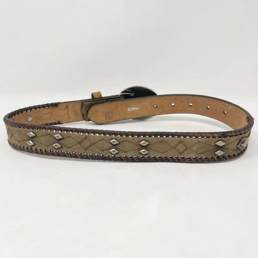 Hooey Western Belt‎ Youth Boys 24 Brown Leather Silver Buckle Green Stitch Rodeo